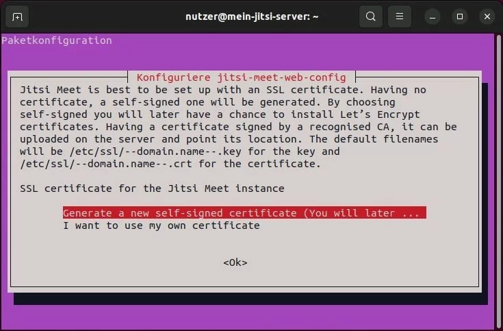 Jitsi-Server-Installation: SSL/TLS-Zertifikaterstellung bzw. -angabe