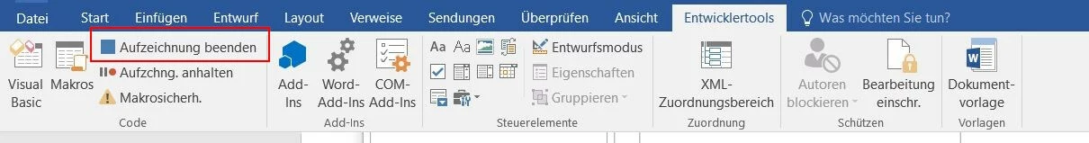 Entwicklertools-Registerkarte in Word 2016