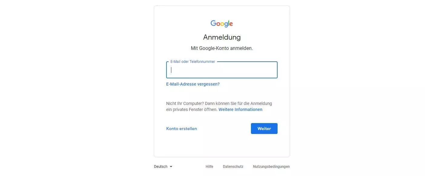 Fenster für die Anmeldung auf dem Google-Konto