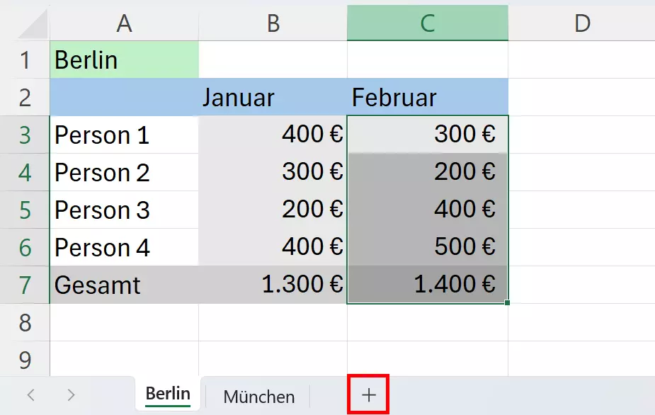 Neues Tabellenblatt für die Zusammenführung erstellen