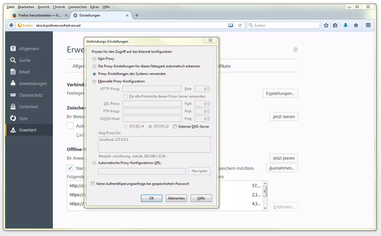 Verbindungs-Einstellungen in Mozilla Firefox