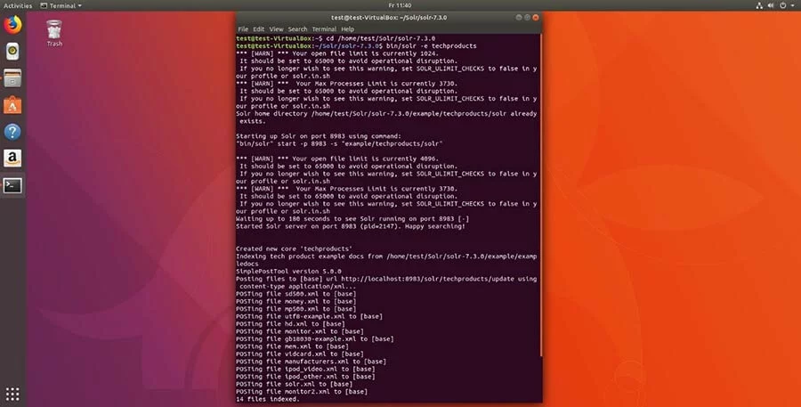 Kommandozeile unter Ubuntu 17. "bin/solr –e techproducts" startet eine Demo mit vorgegebenen Daten und Konfigurationen