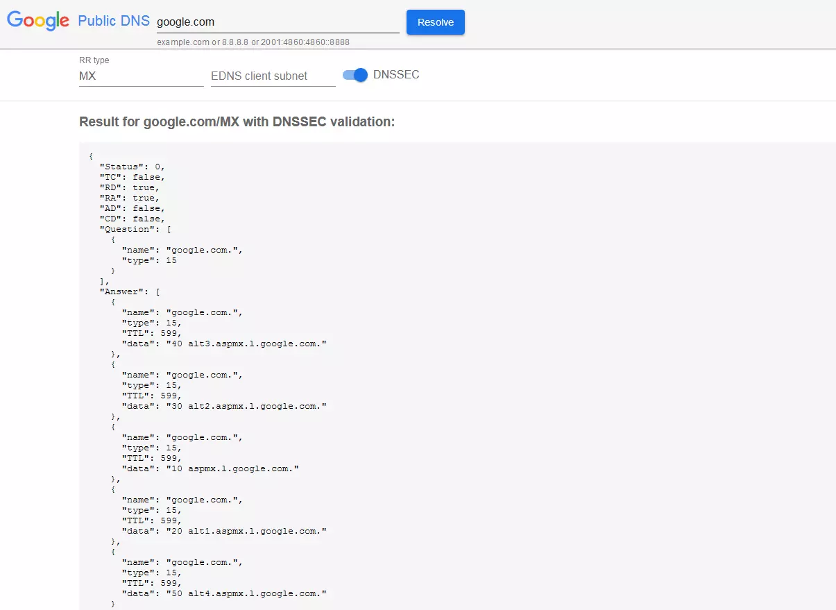 MX-Record-Check mit Google Public DNS