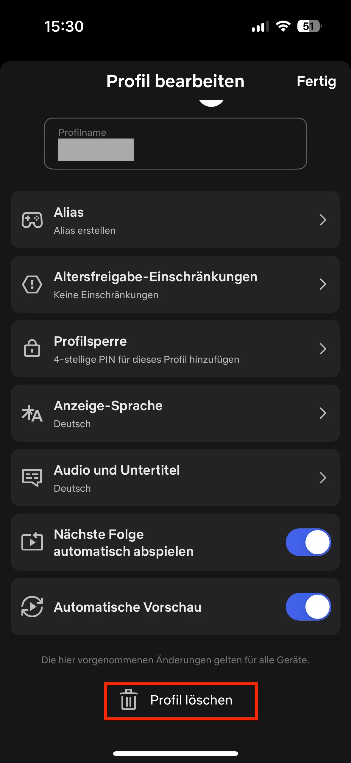 Netflix-App: Profil löschen