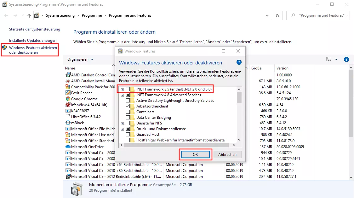 Windows-Features: Deaktivierung von .NET Framework 3.5