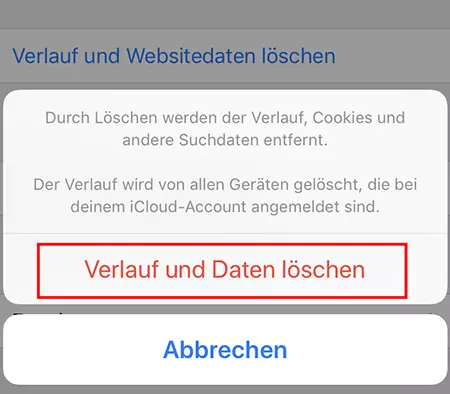 Safari (iOS): „Verlauf und Daten löschen“-Dialog