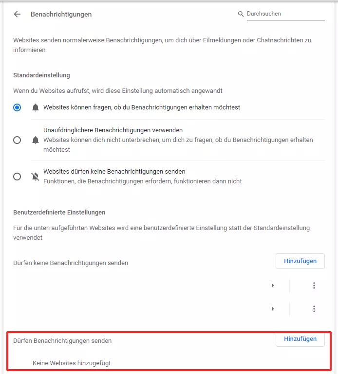 Screenshot der Einstellungen der „Benachrichtigungen“ bei Chrome