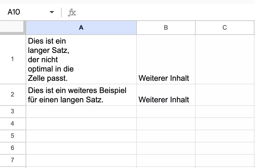 Screenshot einer misslungenen Formatierung in Google Sheets