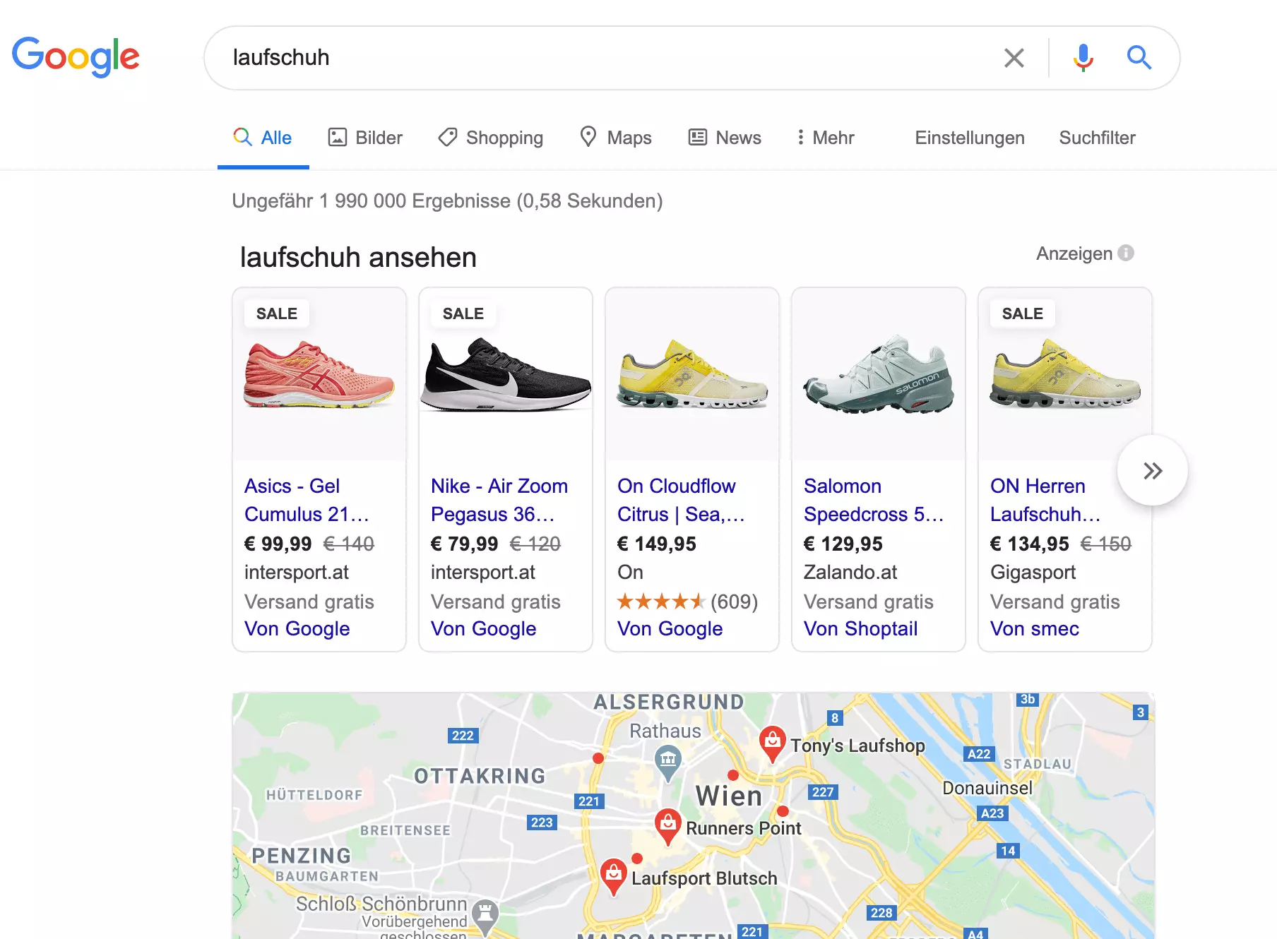 SERP-Features für „laufschuh“ auf google.de 