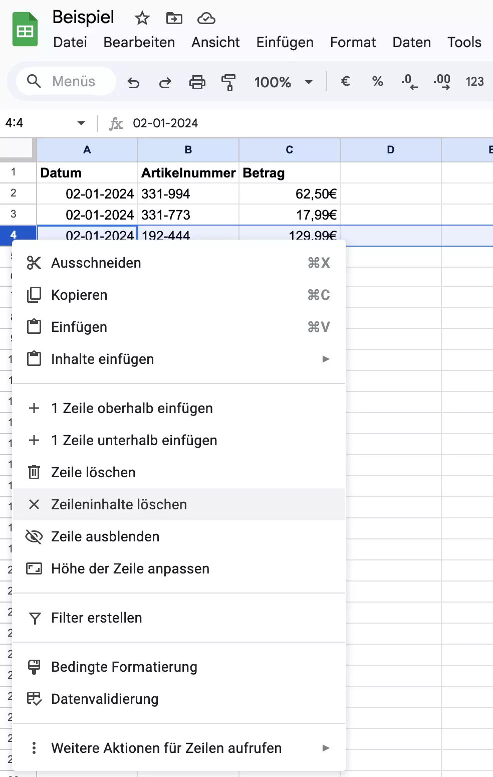 Screenshot des Drop-down-Menüs in Google Sheets