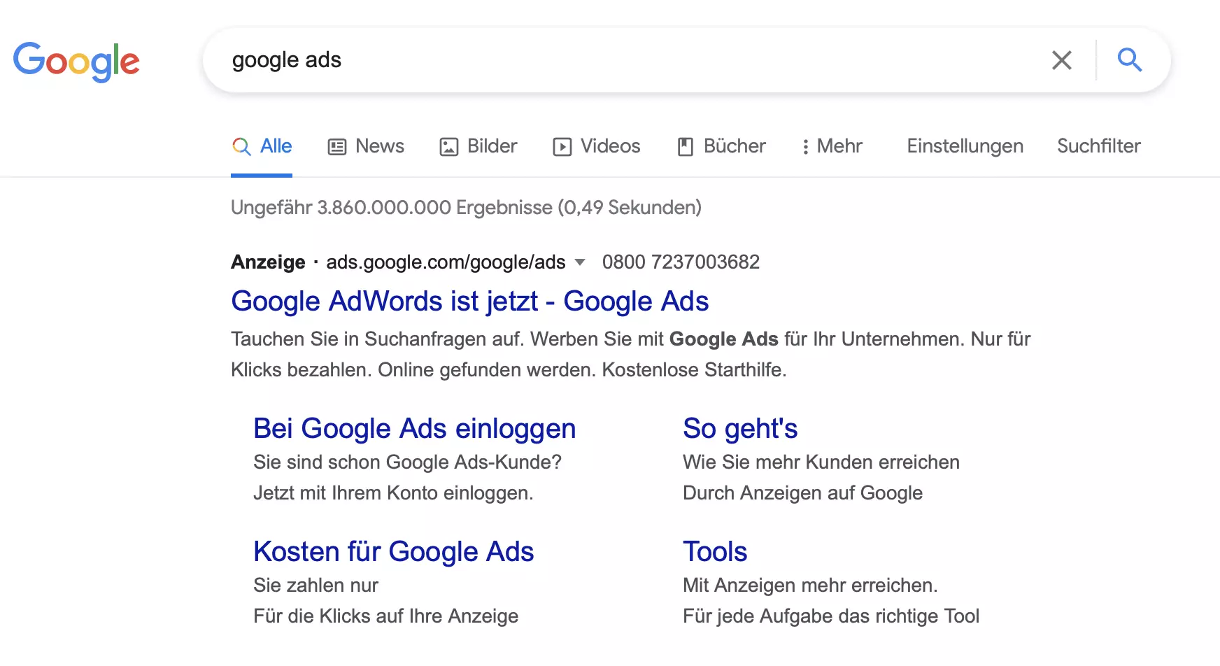 Google Ad für Google Ads auf der Google SERP