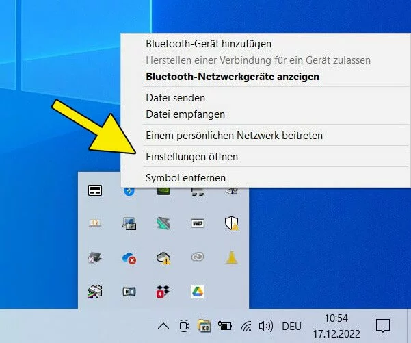 Screenshot Windows 10: Kontextmenüpunkt „Einstellungen öffnen“