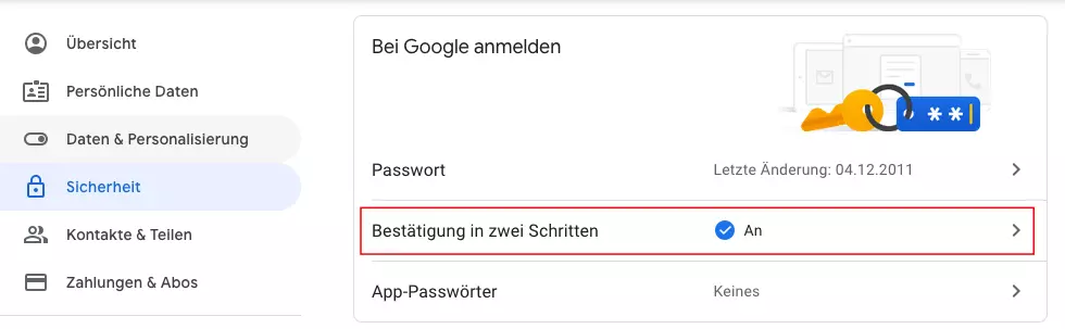 Google-Konto, Sicherheit, Bereich „Bei Google anmelden“