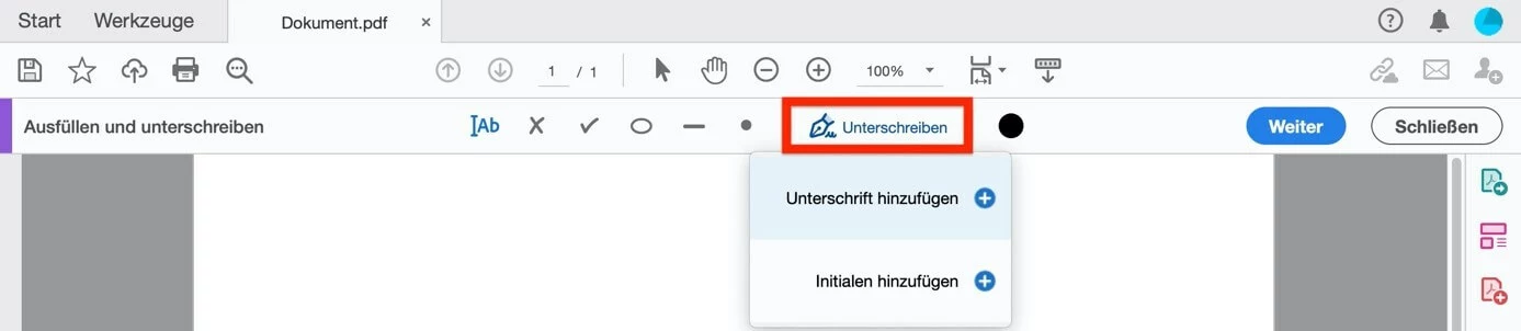 Adobe Acrobat Menü „Unterschreiben“ mit Optionen