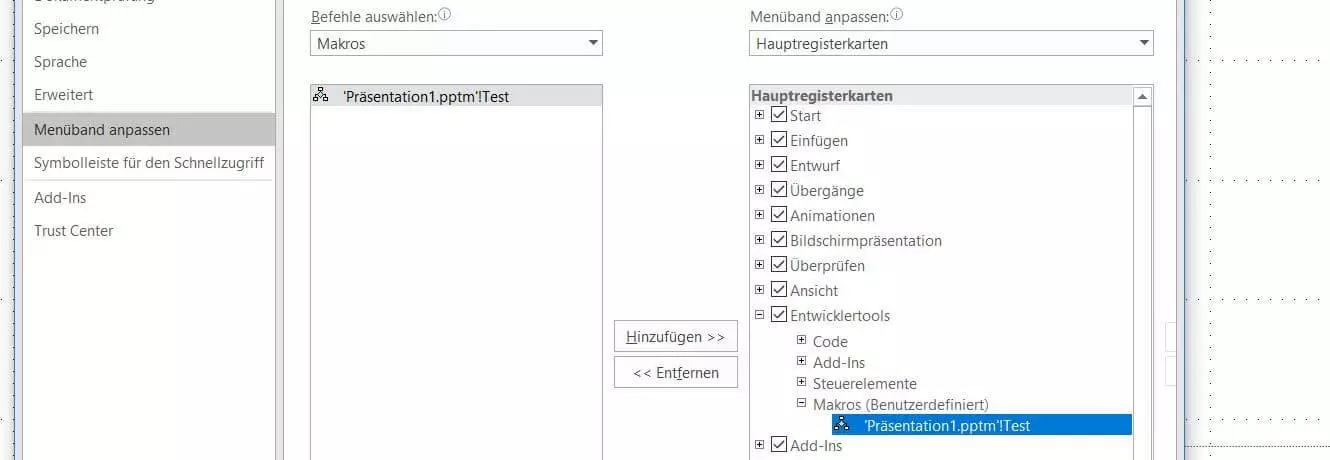 PowerPoint-Menüband anpassen: Makro hinzufügen