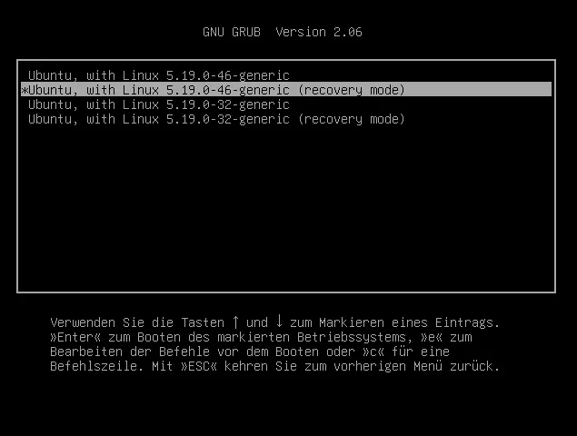 GRUB Wiederherstellungsmodi für installierte Kerne