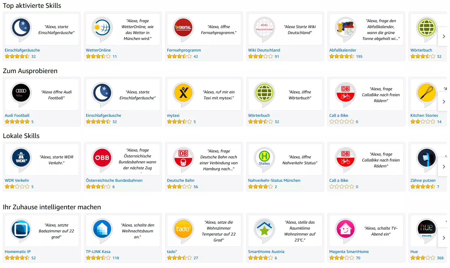 Screenshot der Startseite von der Rubrik „Alexa Skills“ auf amazon.de