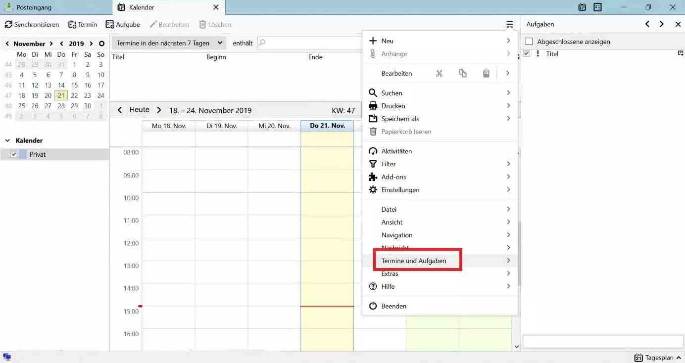 Im Thunderbird-Kalender „Termine und Aufgaben“ wählen