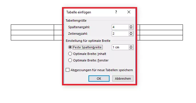 Funktion zum Erstellen von Word-Tabellen