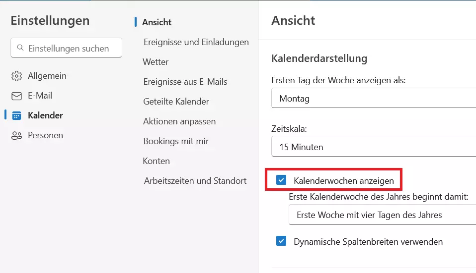 Outlook web: Kalendereinstellungen