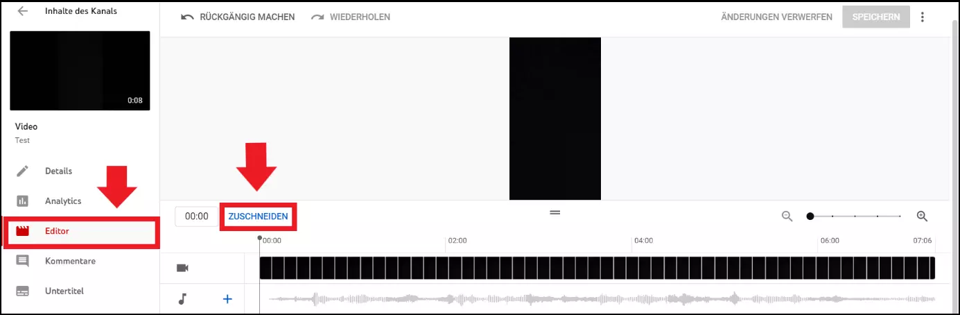 Die Schaltfläche „Zuschneiden“ im YouTube-Editor