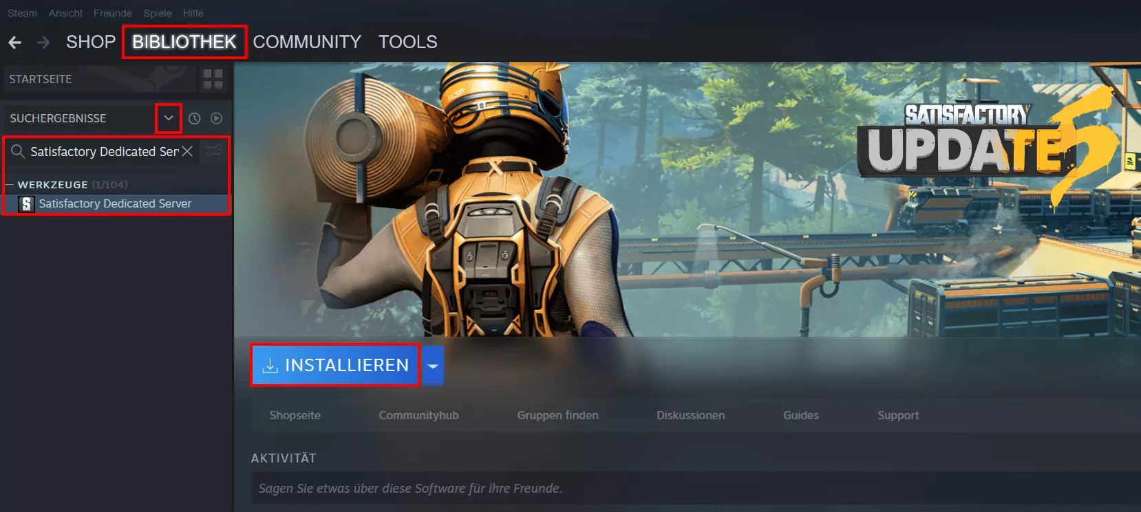 Steam-Client: Installation der Satisfactory-Dedicated-Server-Software