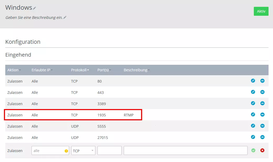 Cloud Panel: Firewall-Einstellung des Servers mit freigegebenem Port für RTMP