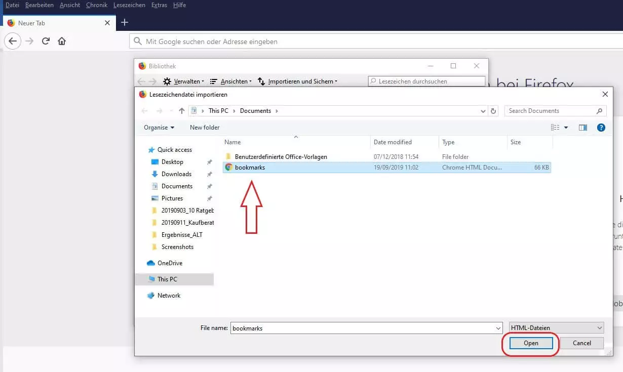 Screenshot „Lesezeichen importieren“ und HTML-Datei auswählen