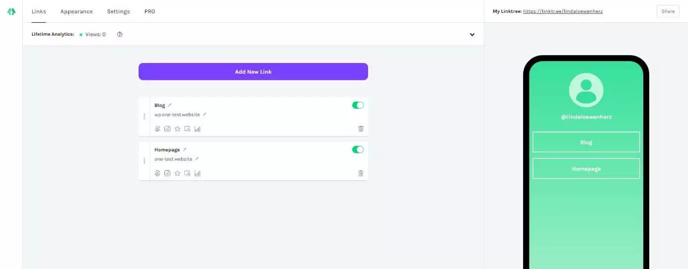 Linktree: Screenshot der Webanwendung