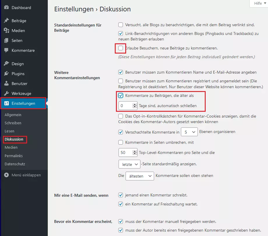 WordPress-Backend „Einstellungen“ – „Diskussion“: Einstellungsmöglichkeiten zum Deaktivieren von Kommentaren für die gesamte Website