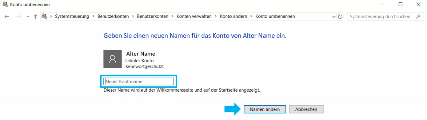 Eingabefeld, um den neuen Kontonamen festzulegen
