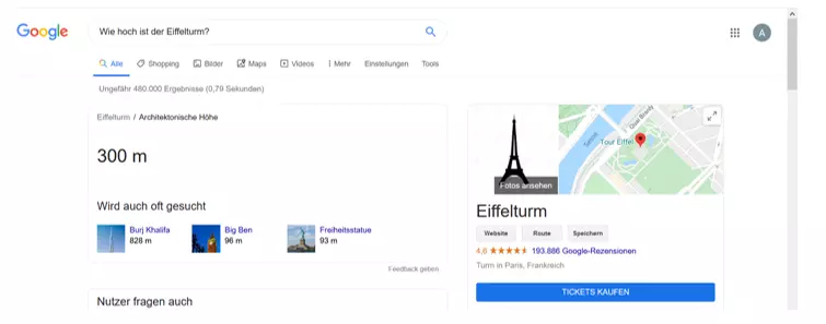 Antwortbox des Knowledge Graph zur Frage „Wie hoch ist der Eiffelturm?”