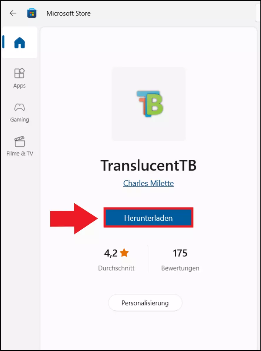 Das Tool „TranslucentTB“ im Microsoft Store