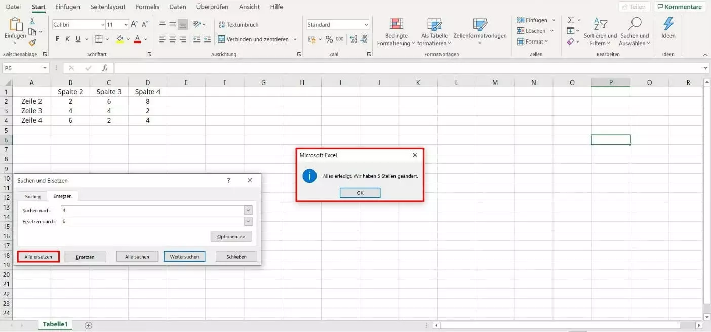 Excel: Suchen und Ersetzen. Meldung nach erfolgreicher Änderung