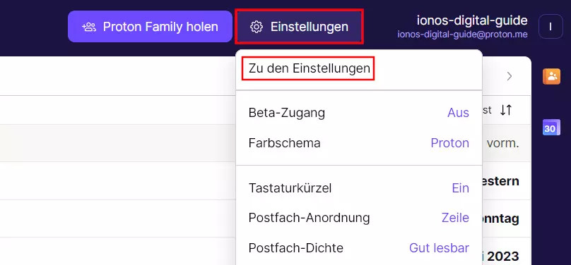 ProtonMail: „Zu den Einstellungen“