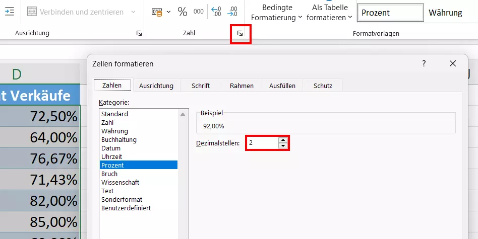 Excel-Prozentrechnung: Dezimalstellen formatieren