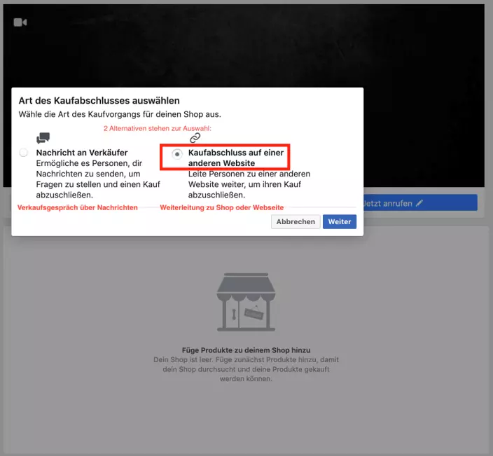 Facebook-Shop einrichten: Menü, über das man die Art des Kaufabschlusses wählt