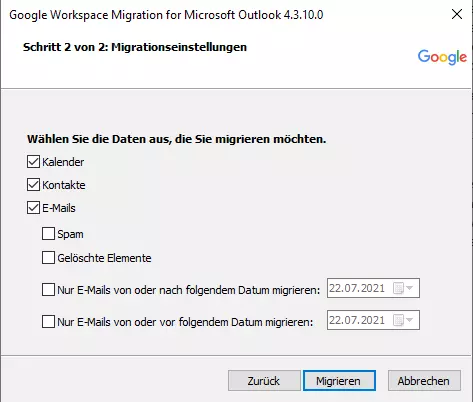 Google Workspace Migration für Microsoft Outlook: Auswahl der zu migrierenden Dateien 