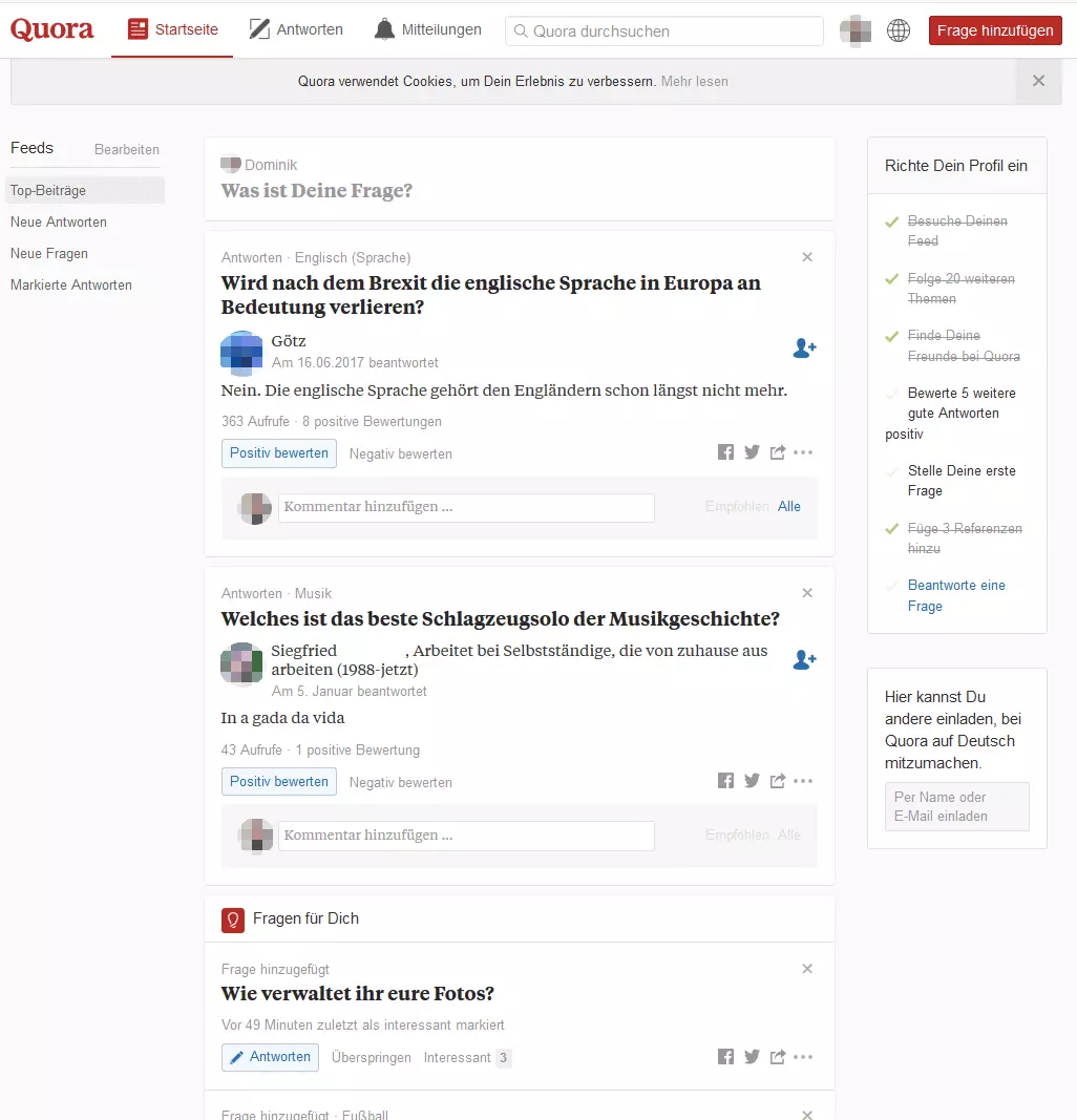 Die Startseite von Quora