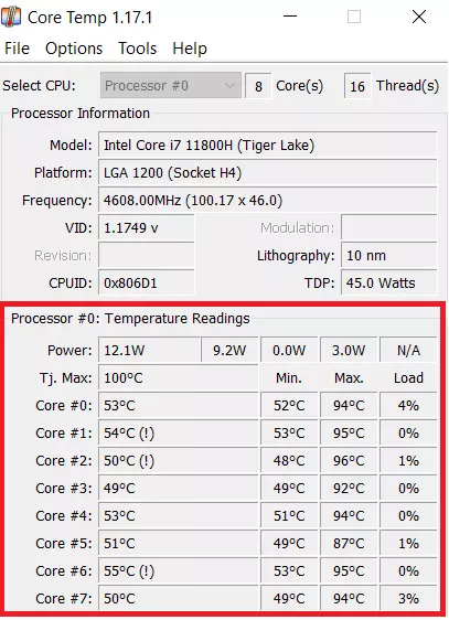 Ansicht von Core Temp