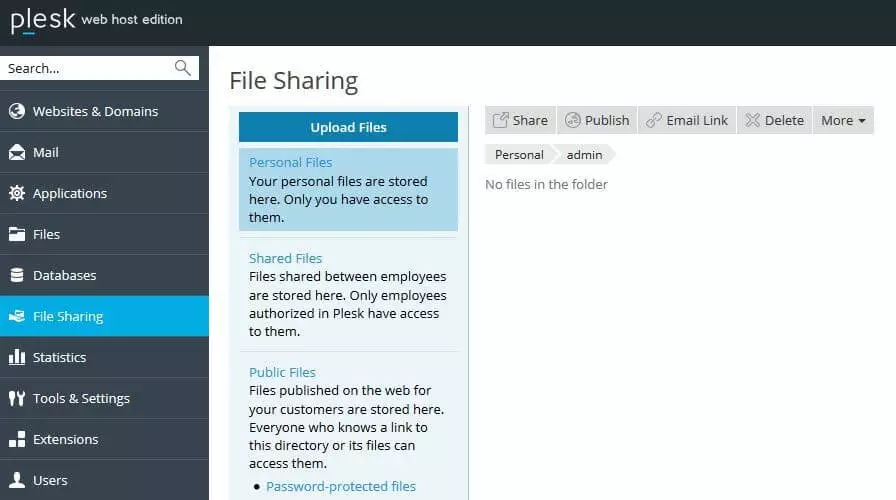 Filesharing-Menü in Plesk