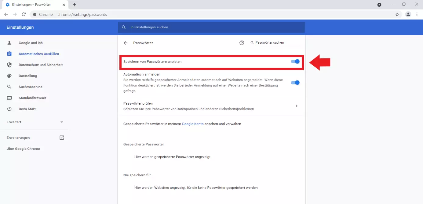 Google Chrome: Menü „Passwörter“, Option „Speichern von Passwörtern anbieten“