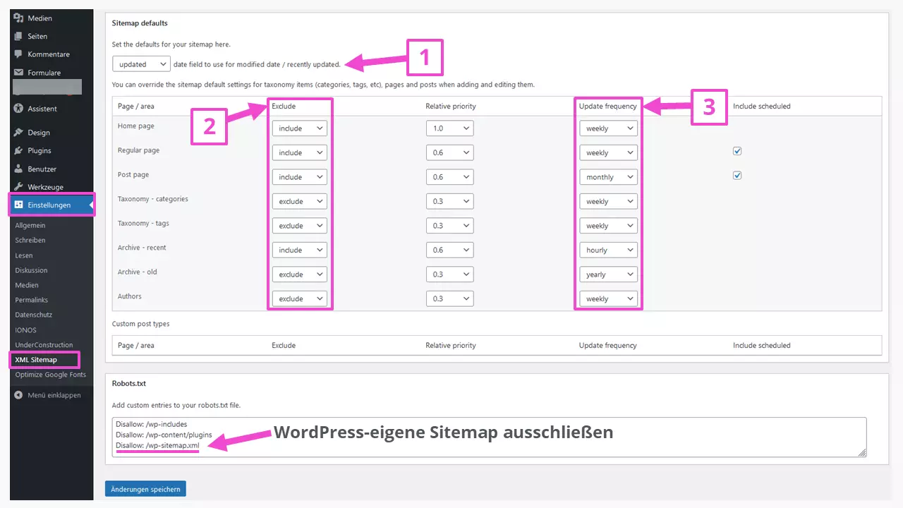 Unterer Teil der Admin-Oberfläche des Plugins „XML Sitemap Generator for Google“