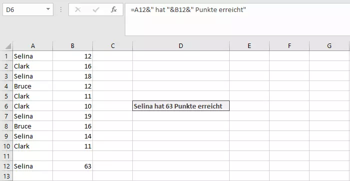 Verkettung von mehreren Zellen und Text in einer Excel-Tabelle