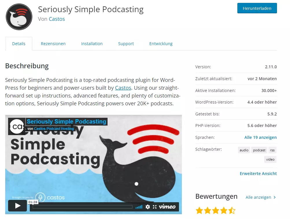 Beschreibung des Plugins Seriously Simple Podcasting bei WordPress