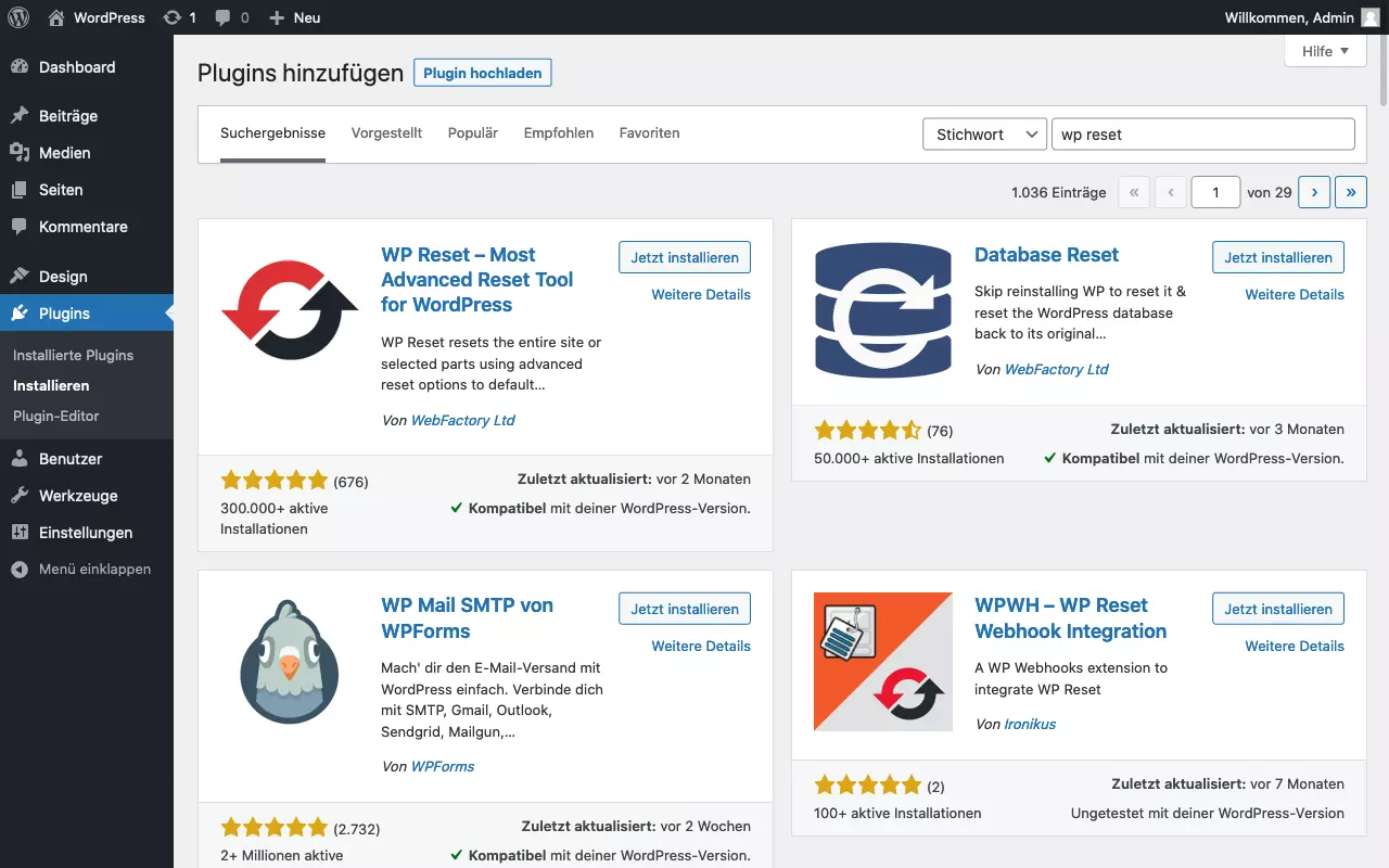 Screenshot der „Plugin hinzufügen“-Seite mit Suche nach dem „WP Reset“-Plugin