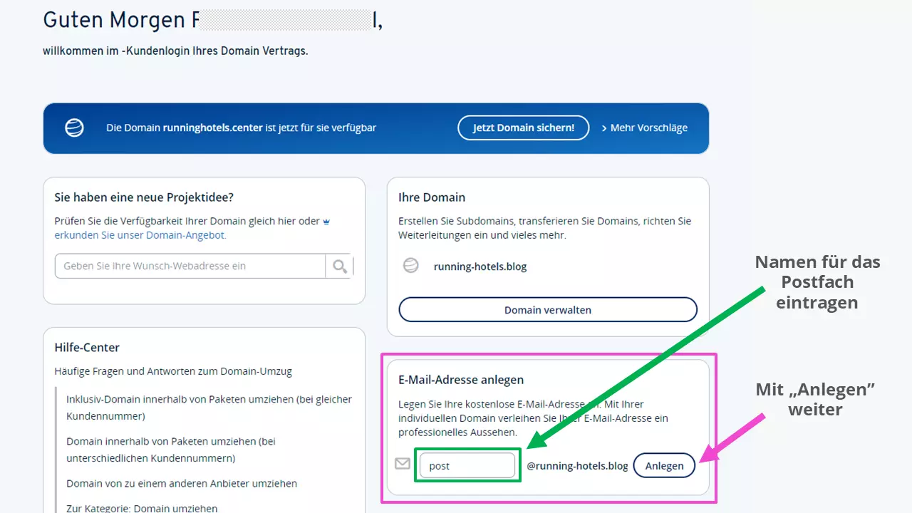 Ansicht „Kundenlogin des Domain-Vertrages“