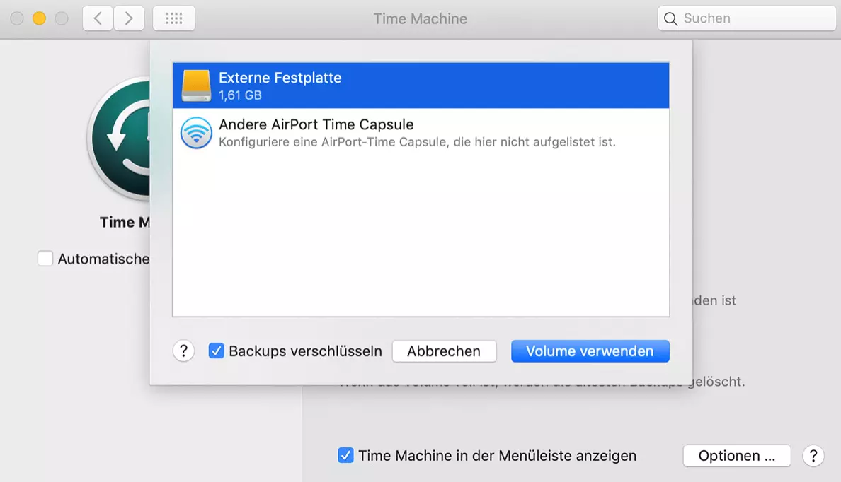 Time Machine: Backup-Volume auswählen und verwenden