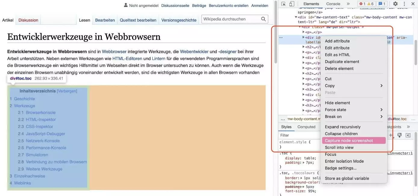 Screenshot eines Elements in den Chrome-Entwicklertools anlegen