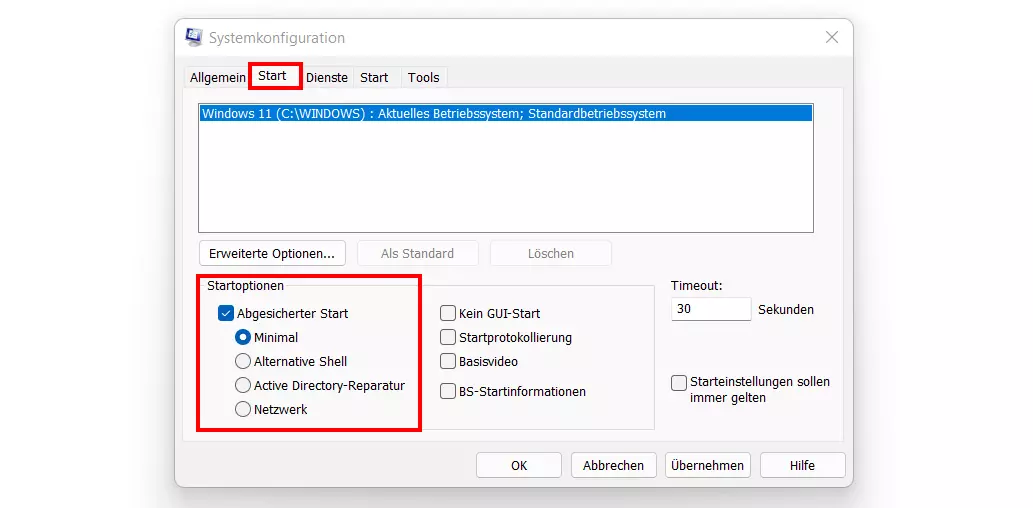 Windows 11: „Start“-Menü von msconfig